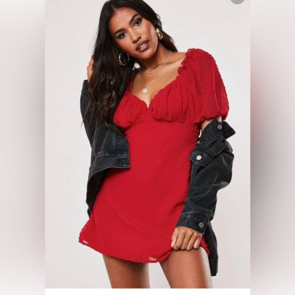 Missguided Plus Red Dobby Milkmaid Puff Sleeve Y2K Romantic Chiffon Dress 16